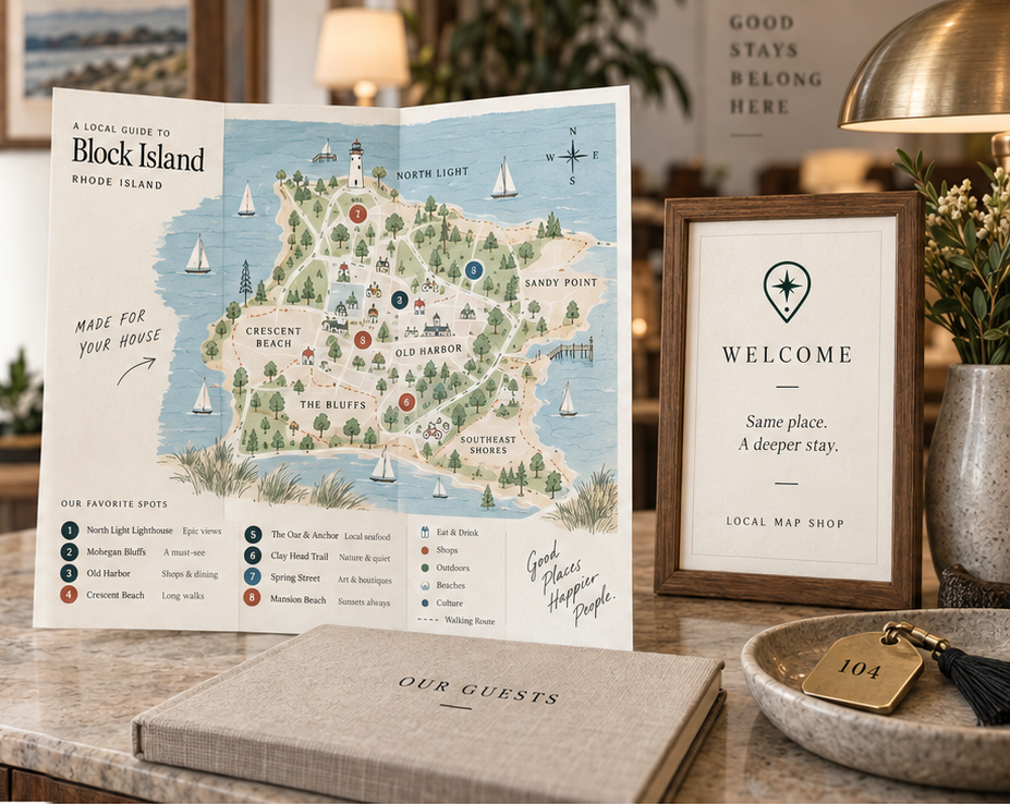 A folded Block Island field guide beside a framed welcome sign, guest book, brass lamp and hotel room key on a marble counter.