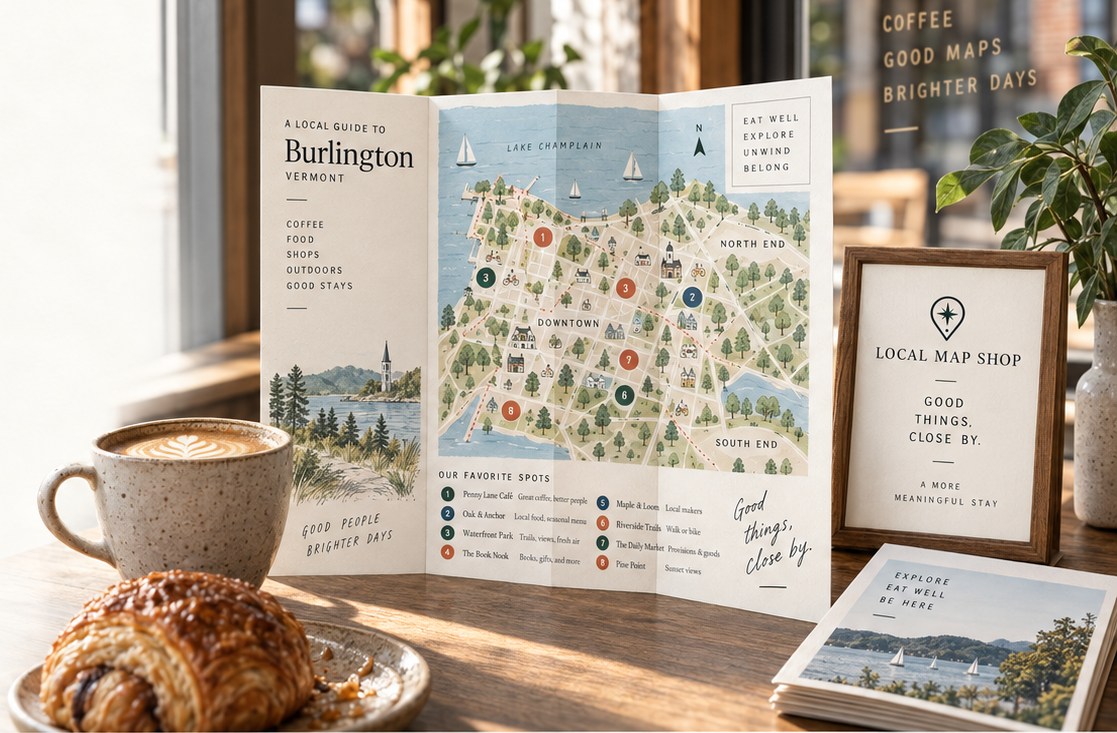 A folded Burlington neighborhood guide with a framed shop sign, coffee, a croissant and printed brochures on a café counter.