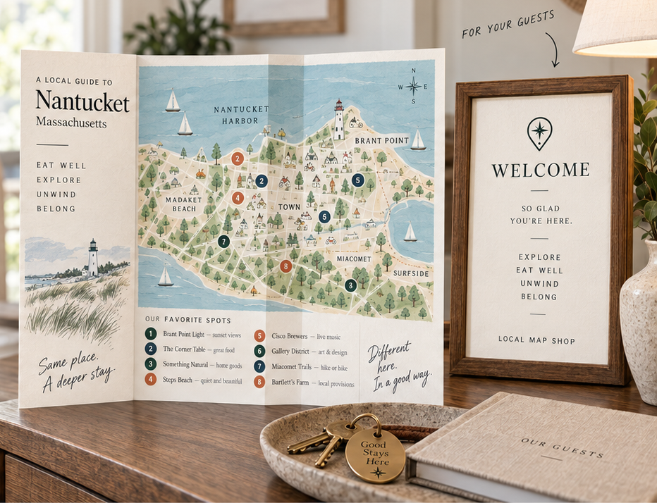 A folded Nantucket neighborhood guide, framed welcome sign, guest book and keys on a rental home's table.