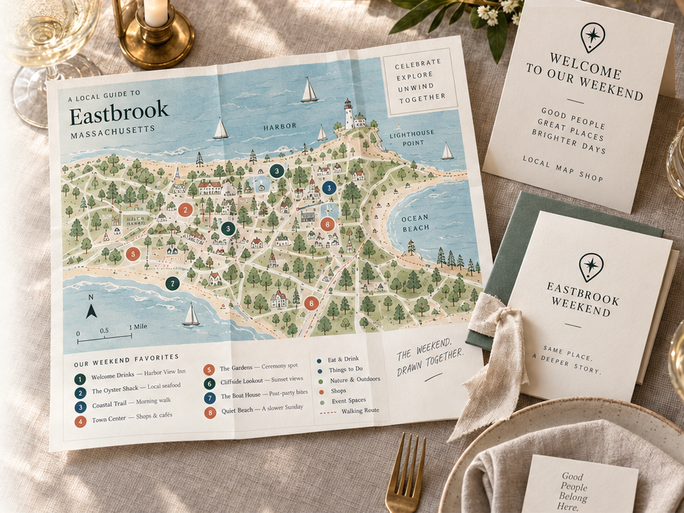 An Eastbrook weekend map on a linen table with welcome cards, ribbon, flowers, candlelight and a place setting.